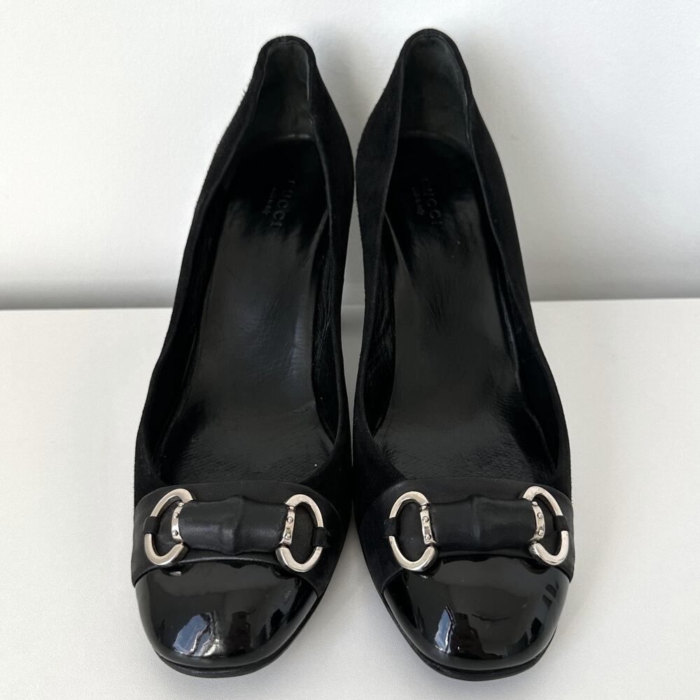 Gucci Classic Black Suede Pumps Bamboo Horsebit Cap Toe IT 39 - Picture 4 of 15